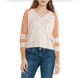 Smartwool Edgewood Womens V-Neck Crop Sweater in Almond Donegal Size L